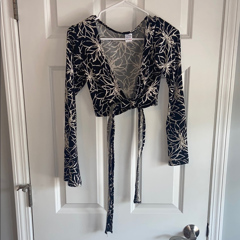 Black and White Long Sleeve Wrap Blouse